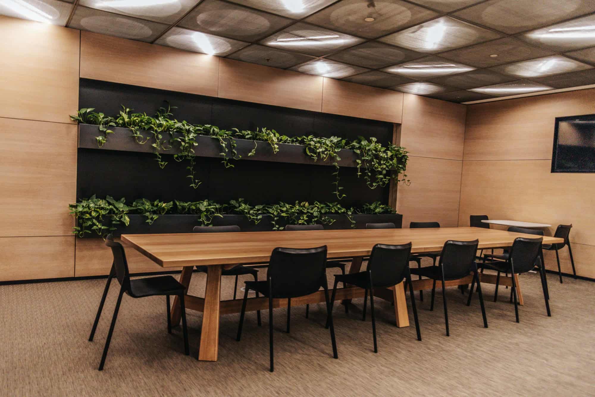 Wood aesthetic board room with wall mounted planters