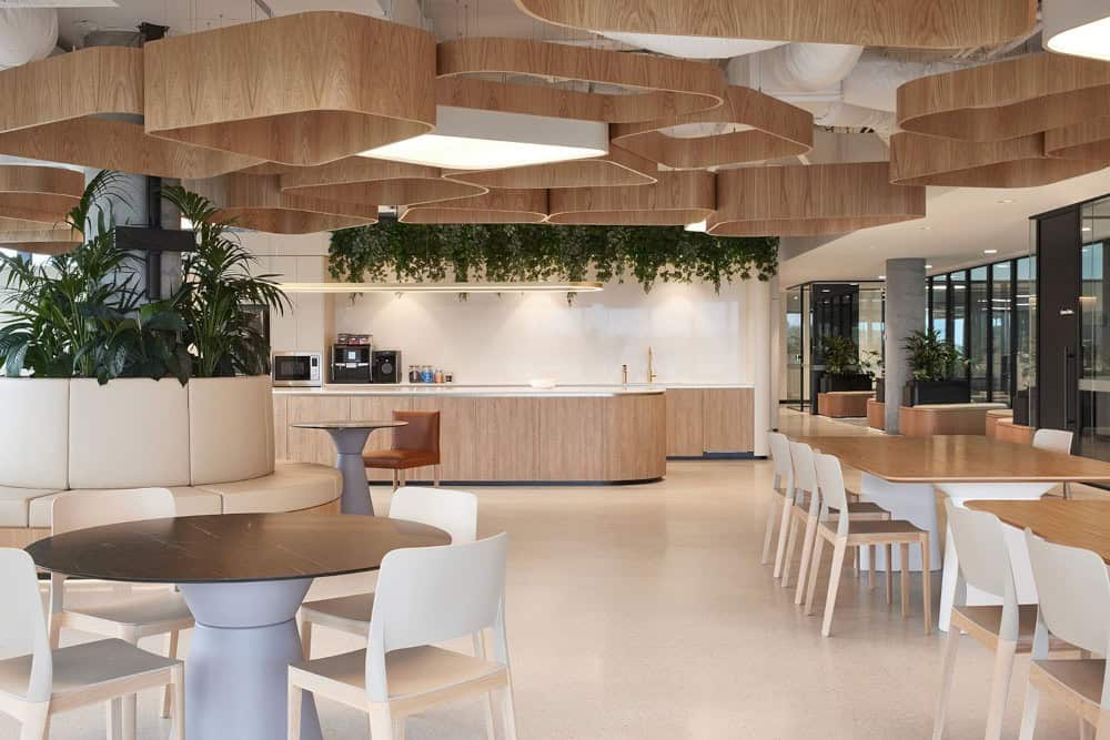 Cafeteria and communal seating area in a corporate environment