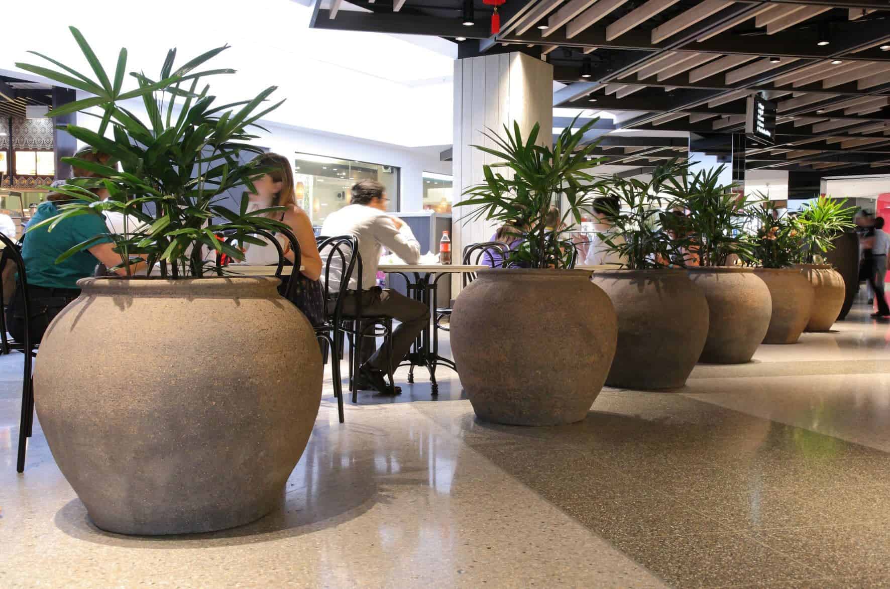 Old Stone Sauce Jars in a food court with indoor plants